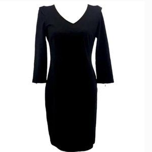 KENAR Black V-Neck Stretch Fabric Sheath Dress Zip Details 3/4 Sleeve
